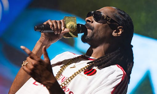 Snoop Dogg holding microphone and rapping at concert