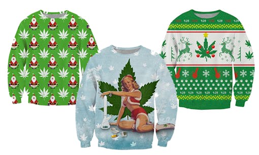 Three ugly cannabis Christmas sweaters