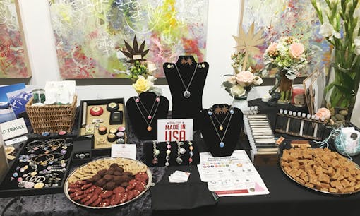 Cannabis consumption supplies on wedding table with flowers and jewelery