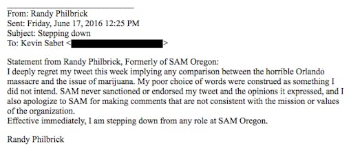 SAM Oregon resignation email from Randy Philbrick to Kevin Sabet. Obtained by Leafly.