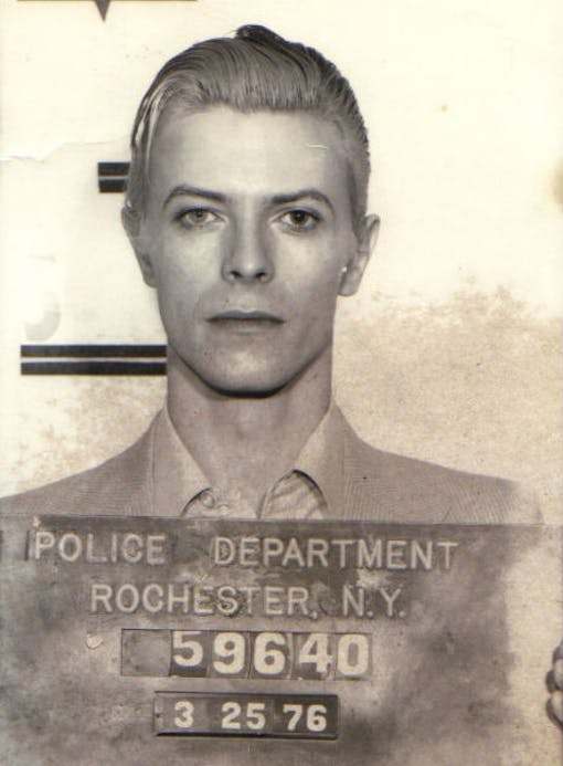 David Bowie's mug shot for his 1976 arrest for cannabis possession in Rochester, New York