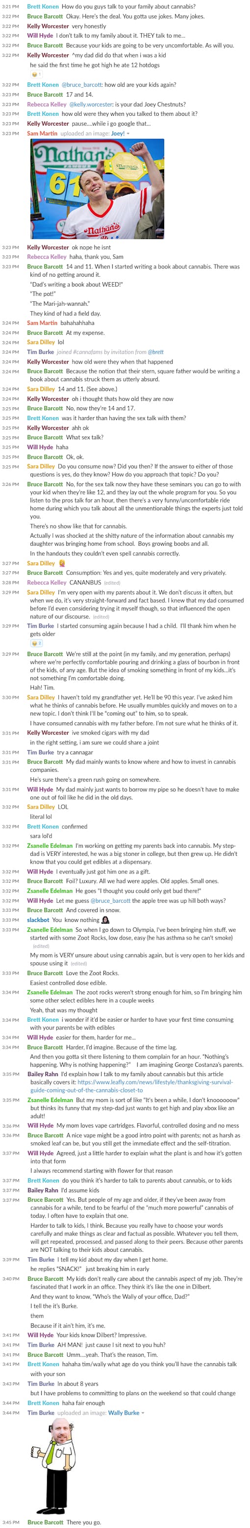Leafly staff Slack chat discussion sharing stories about how they've talked to their family members about cannabis
