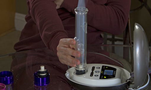 An Herbalizer vaporizer with a Steamroller glass attachment