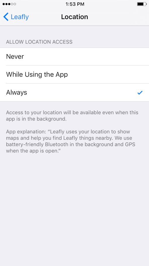 Screenshot of iOS location access menu