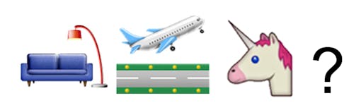 Emojis: Couch + Airplane Taking Off + Unicorn + Question Mark