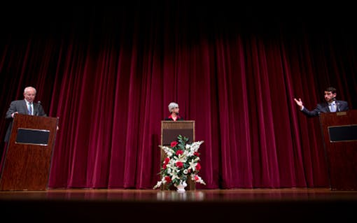 A 2014 debate at South Portland high school about whether voters should legalize marijuana. At left, Edward Googins, chief of police in South Portland, and David Boyer, the Maine political director for Marijuana Policy Project. Photo via Getty