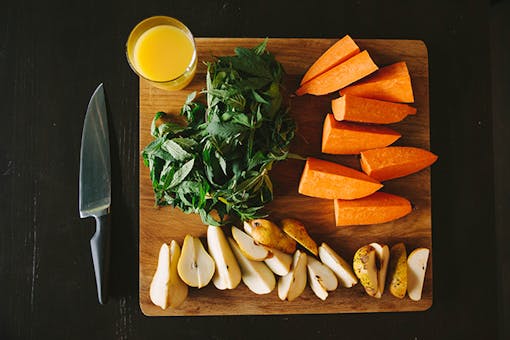 Ingredients for a raw cannabis, sweet potato, and pear smoothie