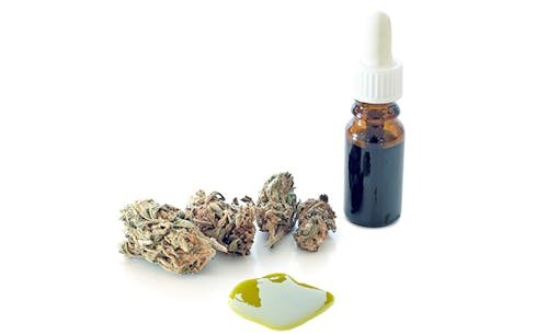 Cannabis CBD oil poured onto white table with small container of oil and cannabis flower placed nearby