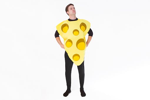 Man wearing cheese block costume
