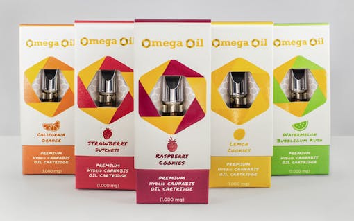 Omega oil cartridge sustainable child-resistant cannabis packaging by Sun Grown