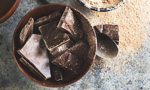 Dark chocolate in a wooden bowl