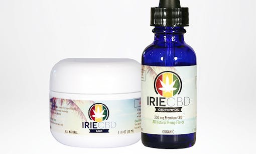 IRIE cannabis CBD hemp oil and balm containers on a white background