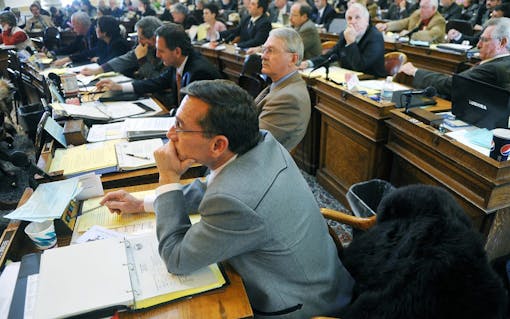 Jerry Bennett, R-Libby, listens to debate on the state's medical marijuana law, Thursday, Feb. 10, 2011 in Helena, Mont. The Republican-led House backed full repeal Thursday of the state's medical marijuana law, arguing it is time to undo the 2004 ballot initiative that spawned an industry few envisioned. (AP Photo/The Independent Record, Dylan Brown)