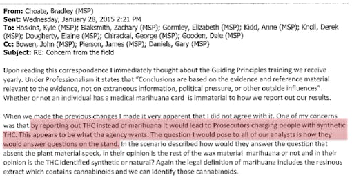 Lab analyst Bradley Choate found the false-synthetics policy incompatible with the department's ethics training.