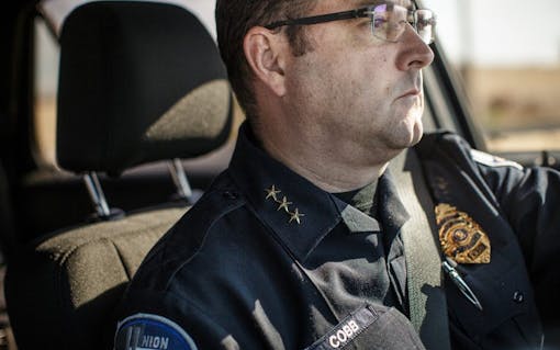 Union Gap Chief of Police Gregory Cobb patrols the city streets, photographed Wednesday, October 12, 2016, in Union Gap, Washington. (Jordan Stead for Leafly)