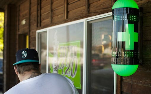 Station 420, one of three cash-only, licensed marijuana retailers in the Yakima Valley, photographed Wednesday, October 12, 2016, in Union Gap, Washington. (Jordan Stead for Leafly)