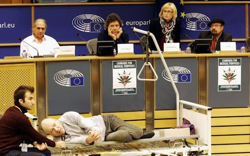 Testifying from an adjusted hospital bed, Dr. Franjo Grotenhemen, chairman of the International Association for Cannabinoids in Medicine, gave an update on recent developments in Germany. (Derrick Bergman/Leafly)