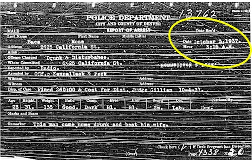 Moses Baca's arrest report: 3:15 a.m., October 3, 1937.