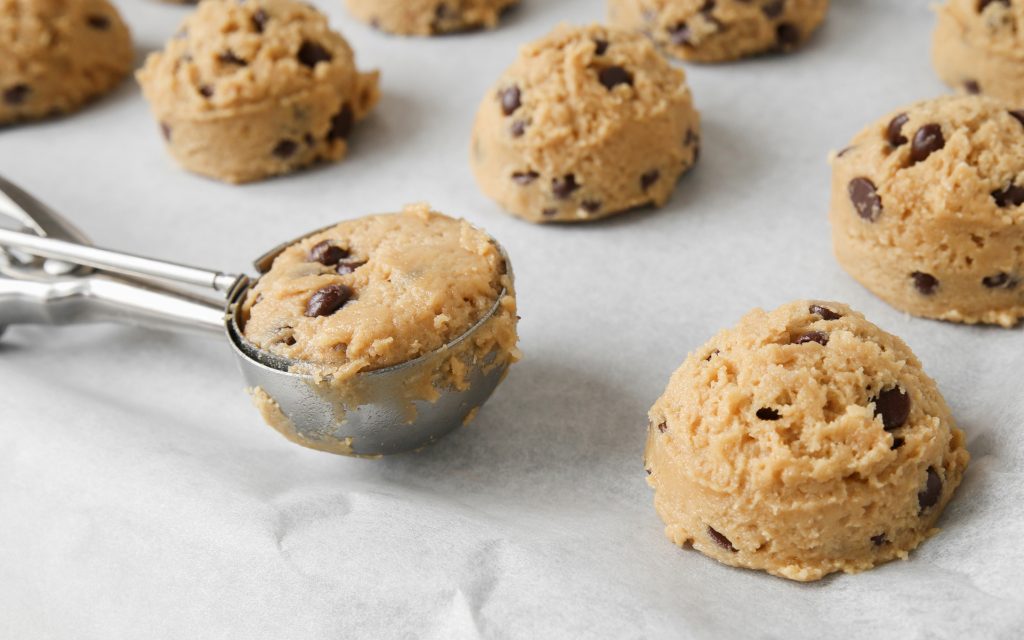 chocolate chip coconut cookies dough, selective focus