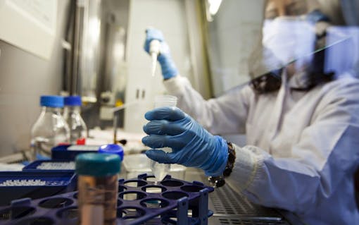 Female scientist in lab with hand detail