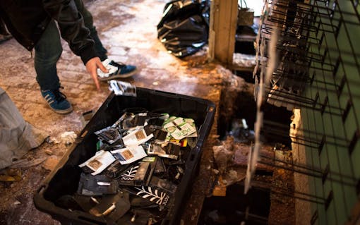 Employee Aaron Zeitlin sorts through damaged and undamaged products. (Ramon Dompor for Leafly)