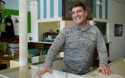 "Potsquatch" became an instant hit after he tromped through the streets of Springfield, MA, during a blizzard in March, 2017, and was caught on camera via local news stations. Potco, David Mech's (Potsquatch's) grow-supply store, opened a year ago and offers grow-supply products as well as cannabidiol oil (CBD) - or hemp oil products with low THC - in his store/café. Photo by Jamie Cotten