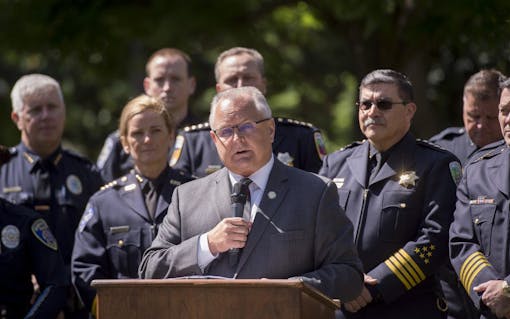 California Assemblymember Tom Lackey (R-Palmdale) joins members of the Highway Patrol and Sacramento Police Department as they simulate traffic stops involving drivers suspected of being under the influence of drugs and alcohol at the California State Capitol, Wednesday May 10, 2017. The demonstration will showed the current procedures used by law enforcement officers aas well as new roadside drug testing technology that could be used in the future. Photo by photo by Brian Baer