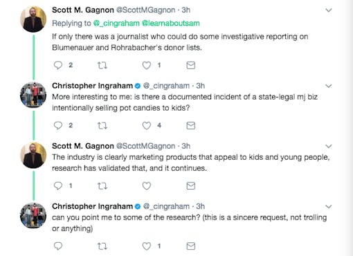 A Twitter exchange between legalization opponent Scott Gagnon of SAM Maine and Washington Post reporter Christopher Ingraham