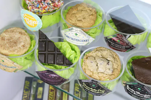 Retailers had plenty of product on hand, including these infused edibles at Essence Cannabis in Las Vegas. (Ronda Churchill for Leafly)