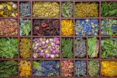 colorful dried flowers and herbs in a compartmentalized box