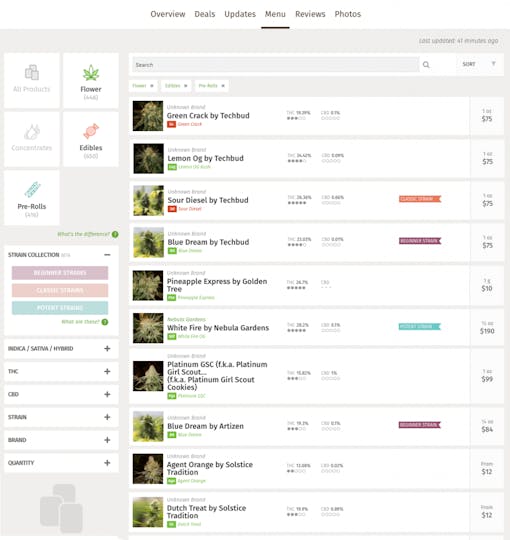 Example of Leafly's cannabis dispensary menu system