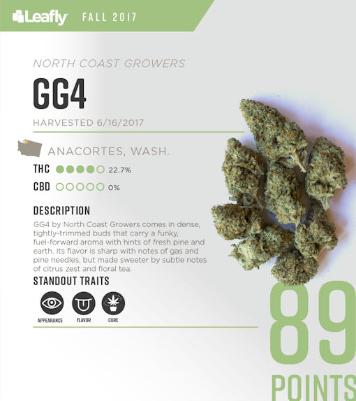 Characteristics of North Coast Grower's GG4 cannabis strain, the #6-rated THC-dominant strain in Washington state for fall 2017