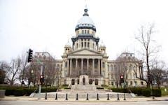 Illinois State House Capitol on a cloudy winter day - Springfield (state capitol series). The statue of Abraham Lincoln was dedicated on October 5, 1918, the centennial of the first meeting of the Illinois General Assembly.