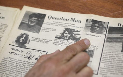 This Friday, April 13, 2018, photo shows a San Rafael High School newspaper from June 1974 referencing 420, that is stored at a bank vault in San Francisco. Friday is April 20, or 4/20. That’s the numerical code for marijuana’s high holiday, a celebration and homage to pot’s enduring and universal slang for smoking. And five Northern California high school stoner buddies widely credited with creating the shorthand slang for getting high nearly 50 years ago now serve as the day's unofficial grand masters. (AP Photo/Eric Risberg)