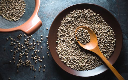 Hemp seeds on a plate and in a sieve on a gray blue stone horizontal