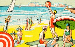 Beach scene for Memorial Day weekend with people playing ball, beach umbrellas, and swimming