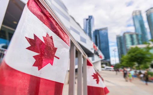 two canadian flags hang in a park
