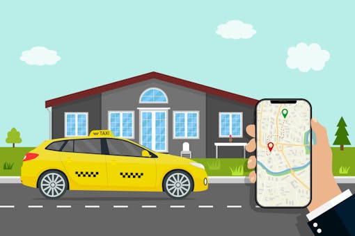 Uber delivery. App of call taxi. Car gps map of city. Smart navigator with roadmap in mobile. Service of fast online order taxi. Yellow car is parking on street town. Location in phone screen. Vector.