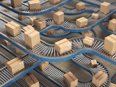 cannabis store deliveries Cardboard boxes on conveyor roller in distribution warehouse, Delivery and packaging service concept background.