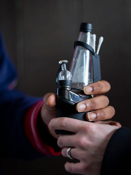 It takes a Puffco Peak smart rig (above) to get into Puffco's Free 'Peak Day', at Speed Zone in Los Angeles. (Leafly)