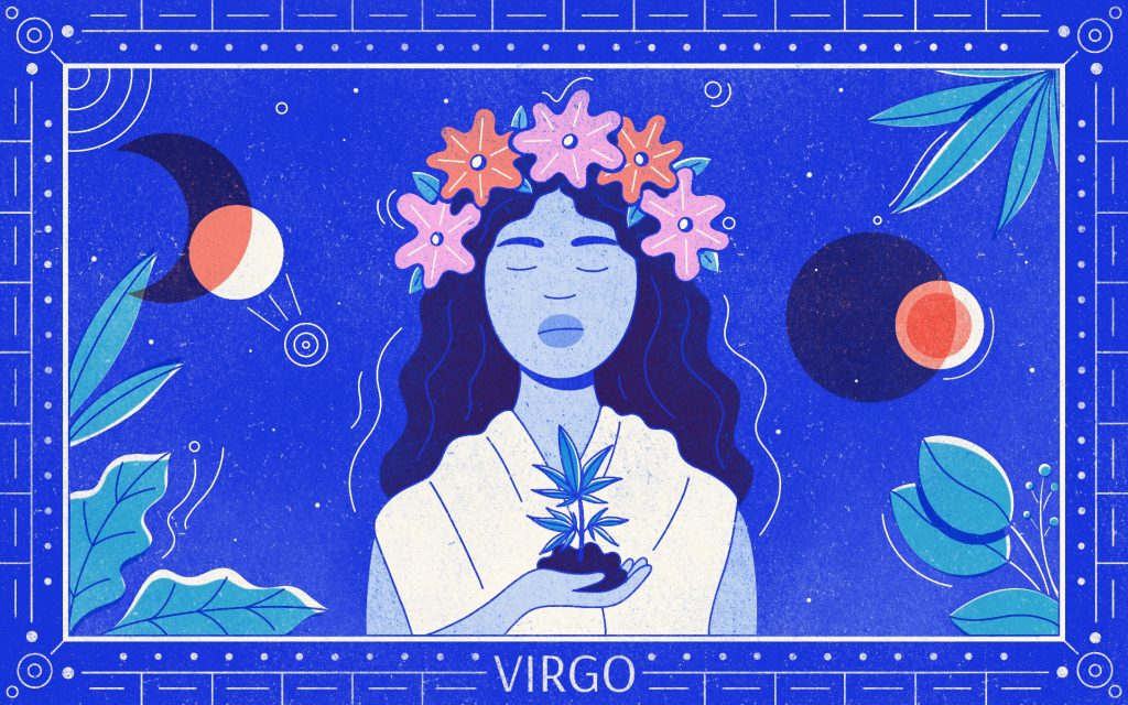 Illustration of dark haired woman wearing a flower crown and holding a small weed plant in front of dark blue background