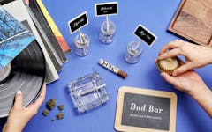 Weed board, grinder, pipe, bud bar, records, ashtray