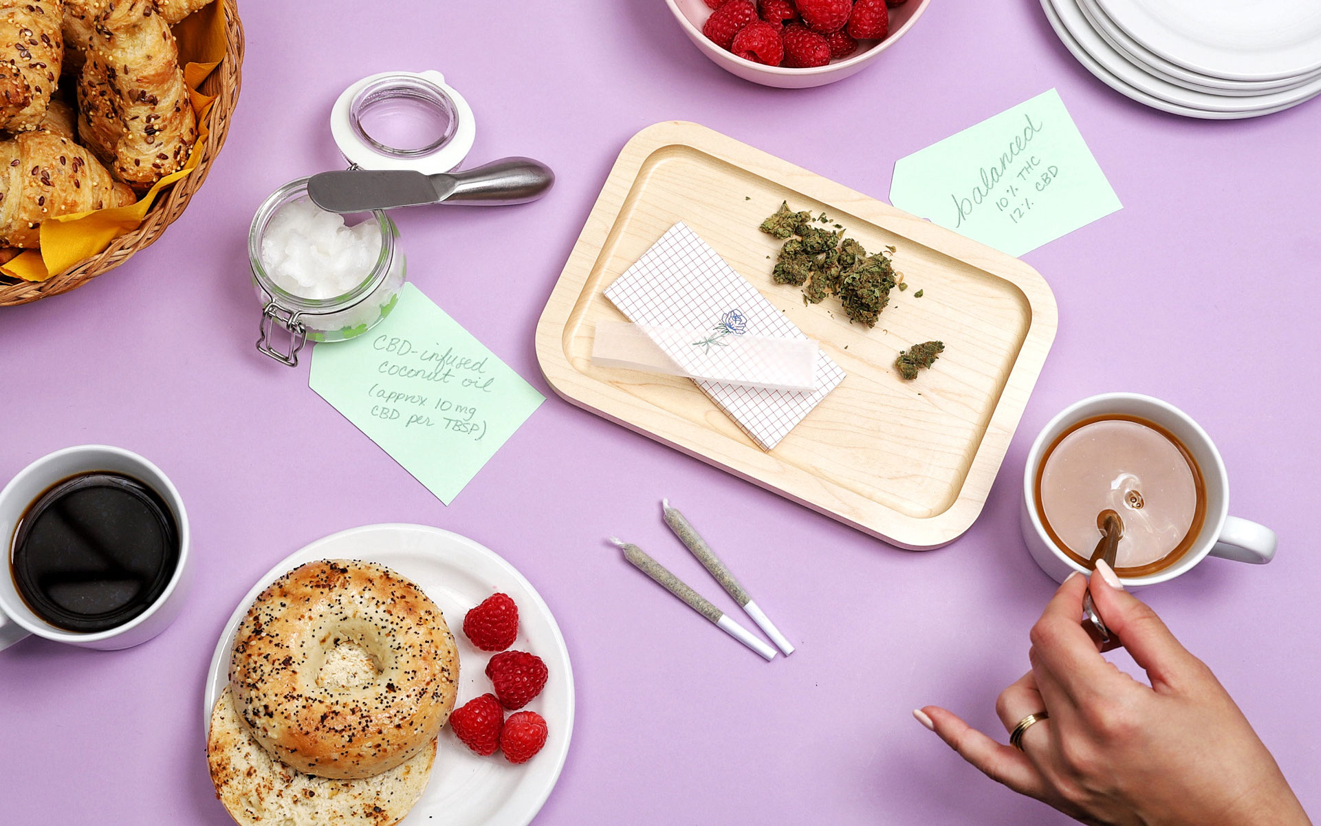 Brunch weed board, bagel, coffee, CBD coconut oil