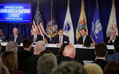 marijuana legalization new york — Pennsylvania Gov. Tom Wolf, third from left, New York Gov. Andrew Cuomo, center, Connecticut Gov. Ned Lamont, second from right, and New Jersey Gov. Phil Murphy, right, co-host a regional summit on public health issues around cannabis and vaping, Thursday Oct. 17, 2019, in New York. Unregulated THC products in Northeast states have sickened hundreds and killed several residents there this fall. (Bebeto Matthews/AP)