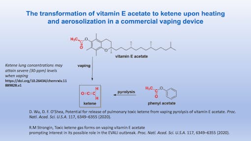 Vaping vitamin E could catalyze the equivalent of mustard gas—melting the user's lung tissue over hours and days. (OLCC, 2020)