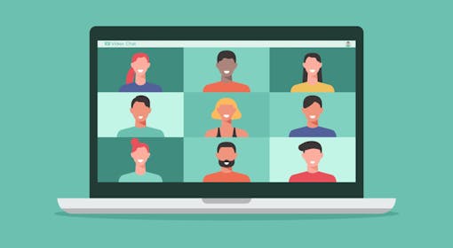 Illustration of people on computer laptop screen taking together or chatting with friends