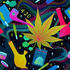 Seamless colourful marijuana pattern. Drug consumption, cannabis and smoking drugs. Fun illustration of smoking equipment.
