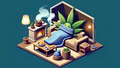 illustration of a sleeping marijuana leaf on a couch under a blue blanket, next to a fire in a fireplace with a steaming cup of coffee