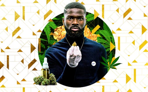 Seun Adedeji holding a cannabis nugget in front of artful collage