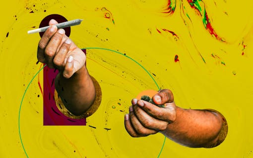 Black hands emerging from artistic yellow background